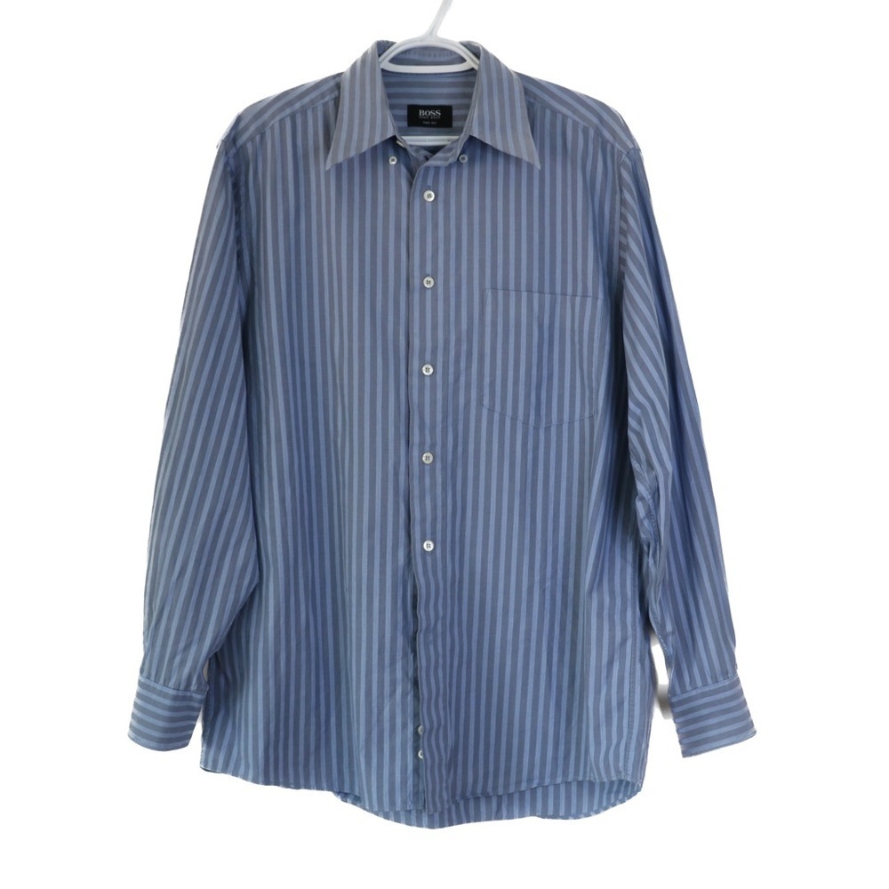 Hugo Boss Blue Pinstripe Shirt Black Label Regular Fit Long Sleeve Size 15 30/31